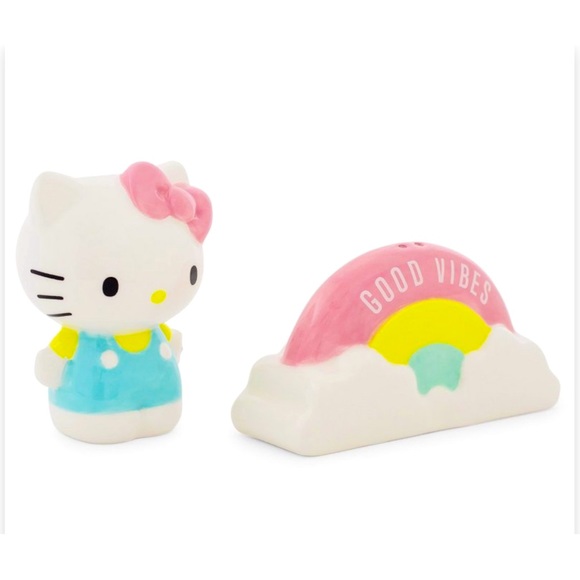 BNWT HELLO KITTY CERAMIC SALT & PEPPER SHAKER SET “GOOD VIBES” RAINBOW DESIGN - Picture 2 of 7